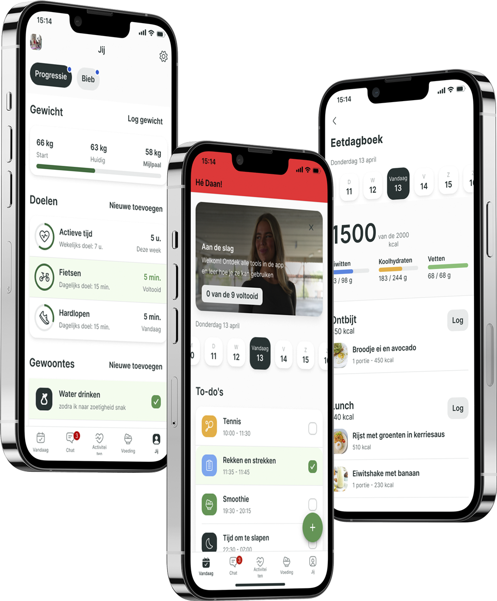 Een mockup van de coaching app die de functies laat zien.